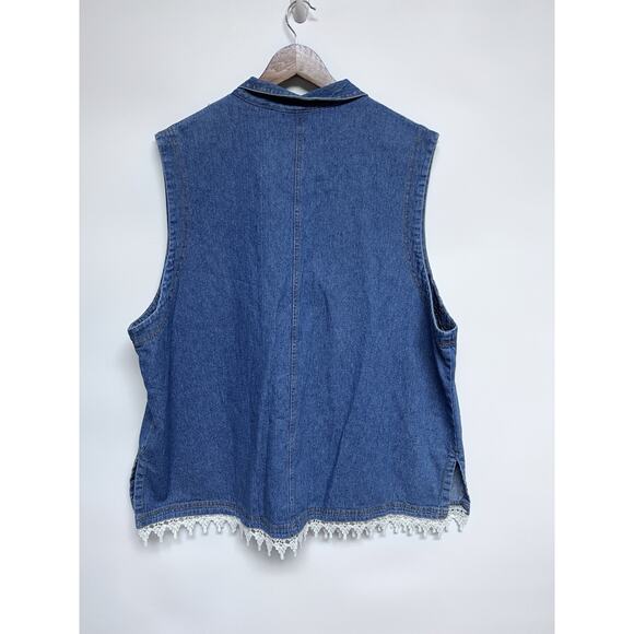 Vintage Denim Vest Womens 2X Lace Trim 90s Oversized Whimsigoth Boho Hippie Jean - Picture 9 of 13